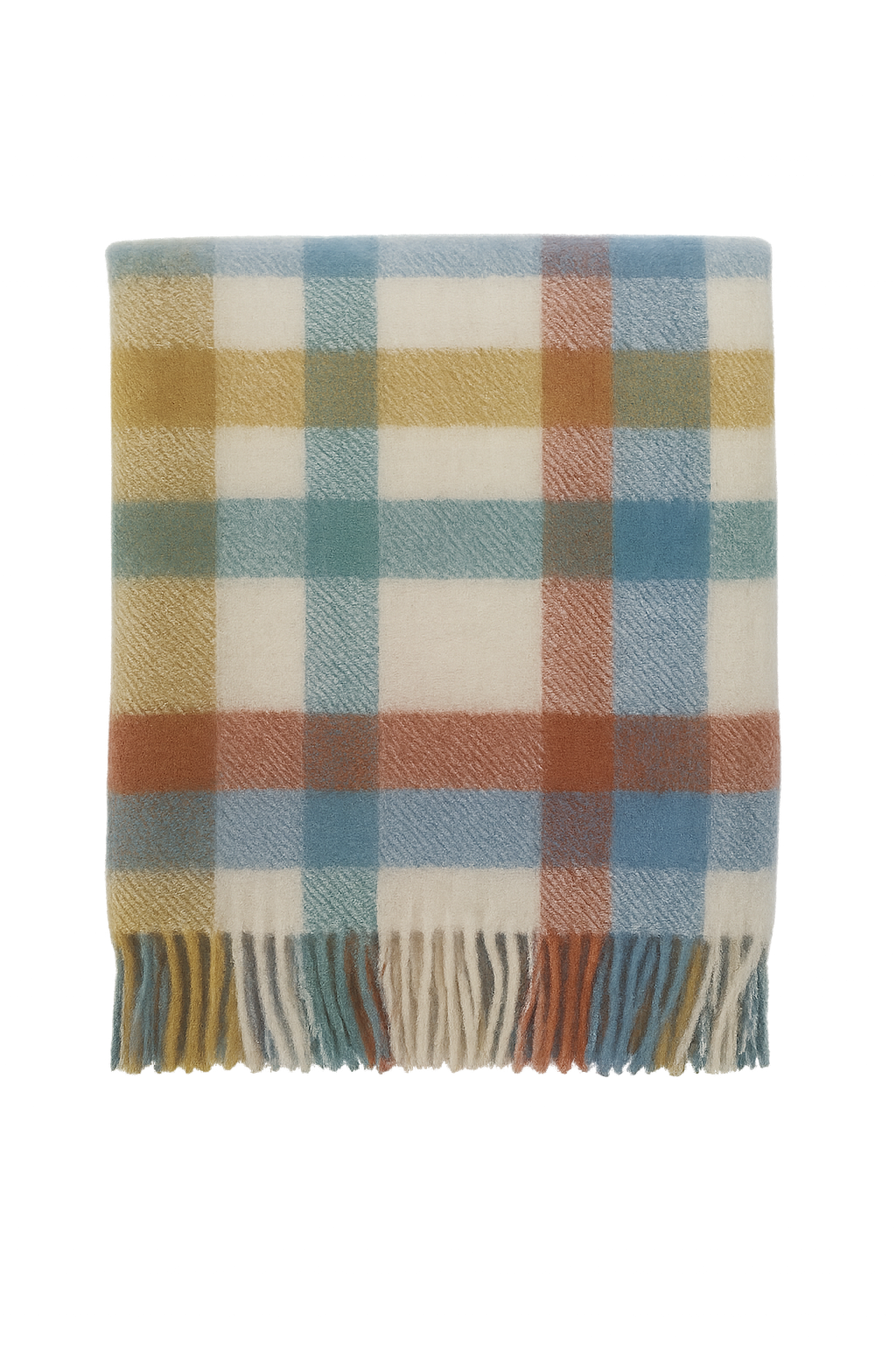 Recycled wool knee blanket in rainbow check pattern with fringe, 72 × 190 cm.
