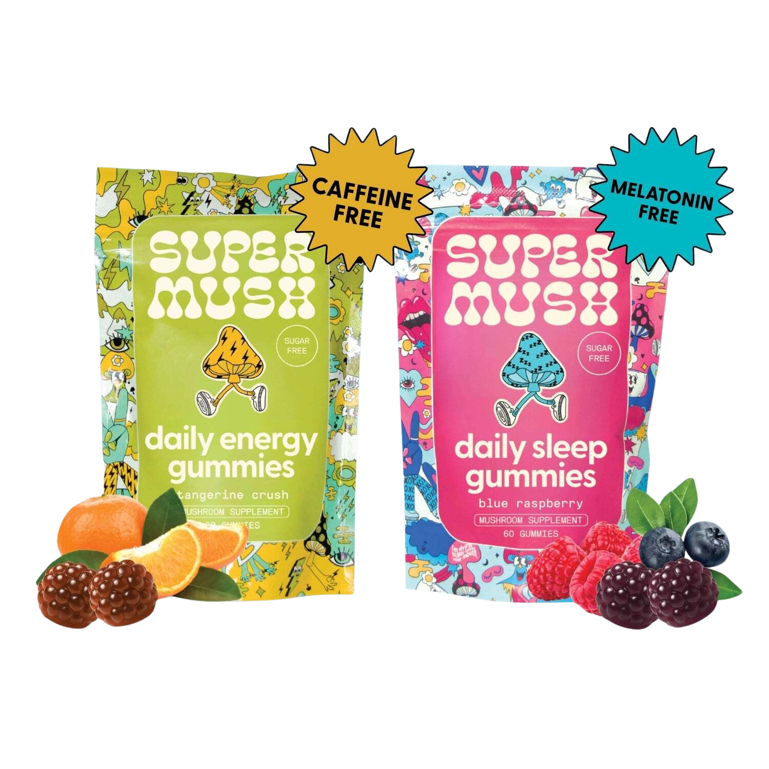 SuperMush functional mushroom gummies – colourful energy and sleep gummy pouches with fruit illustrations.