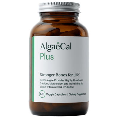 AlgaeCal Plus bone density supplement bottle containing 120 vegetarian capsules