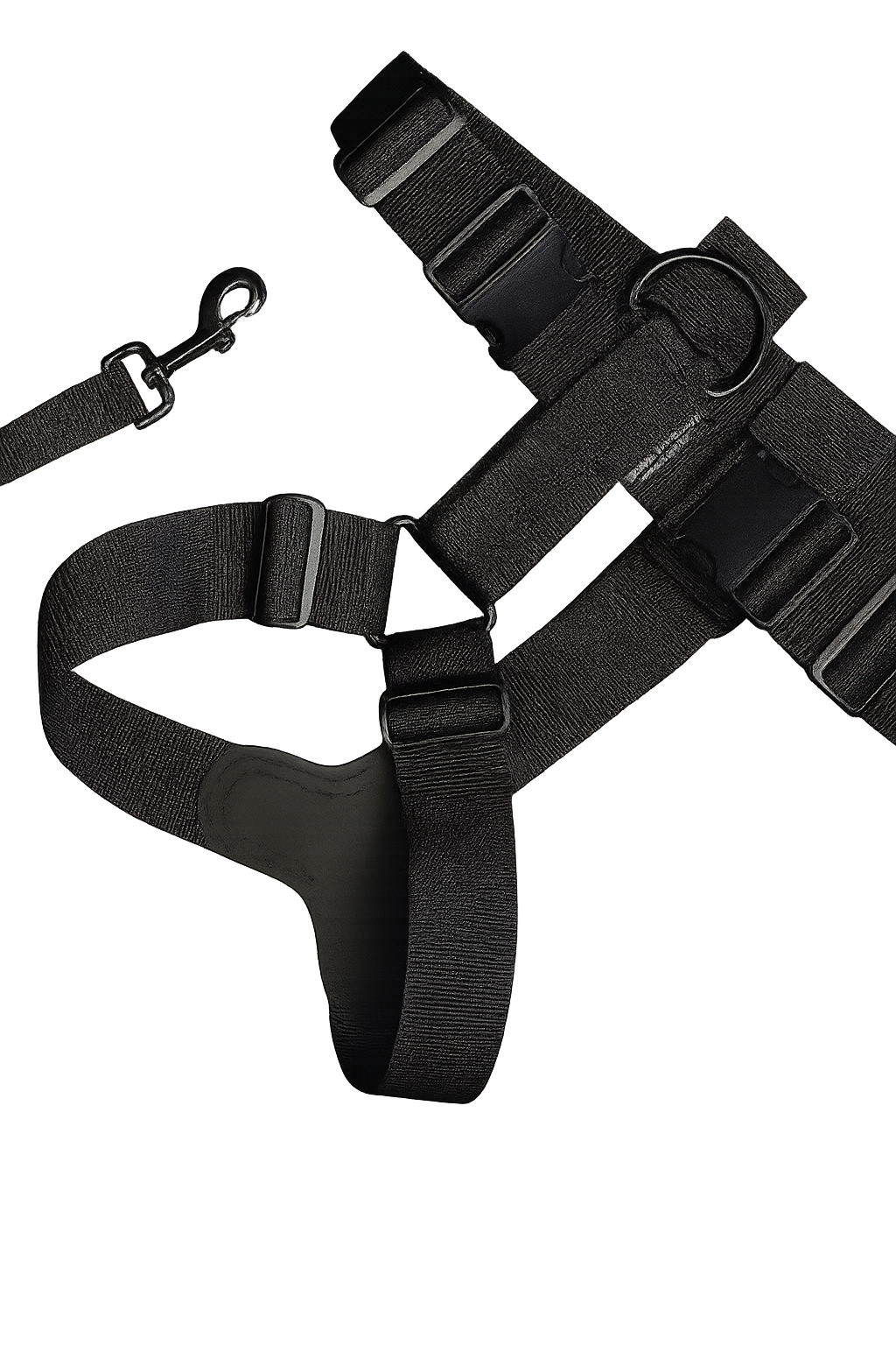 Medium‑size black 2‑inch PolyPro tracking dog harness with adjustable straps and suede chest plate.