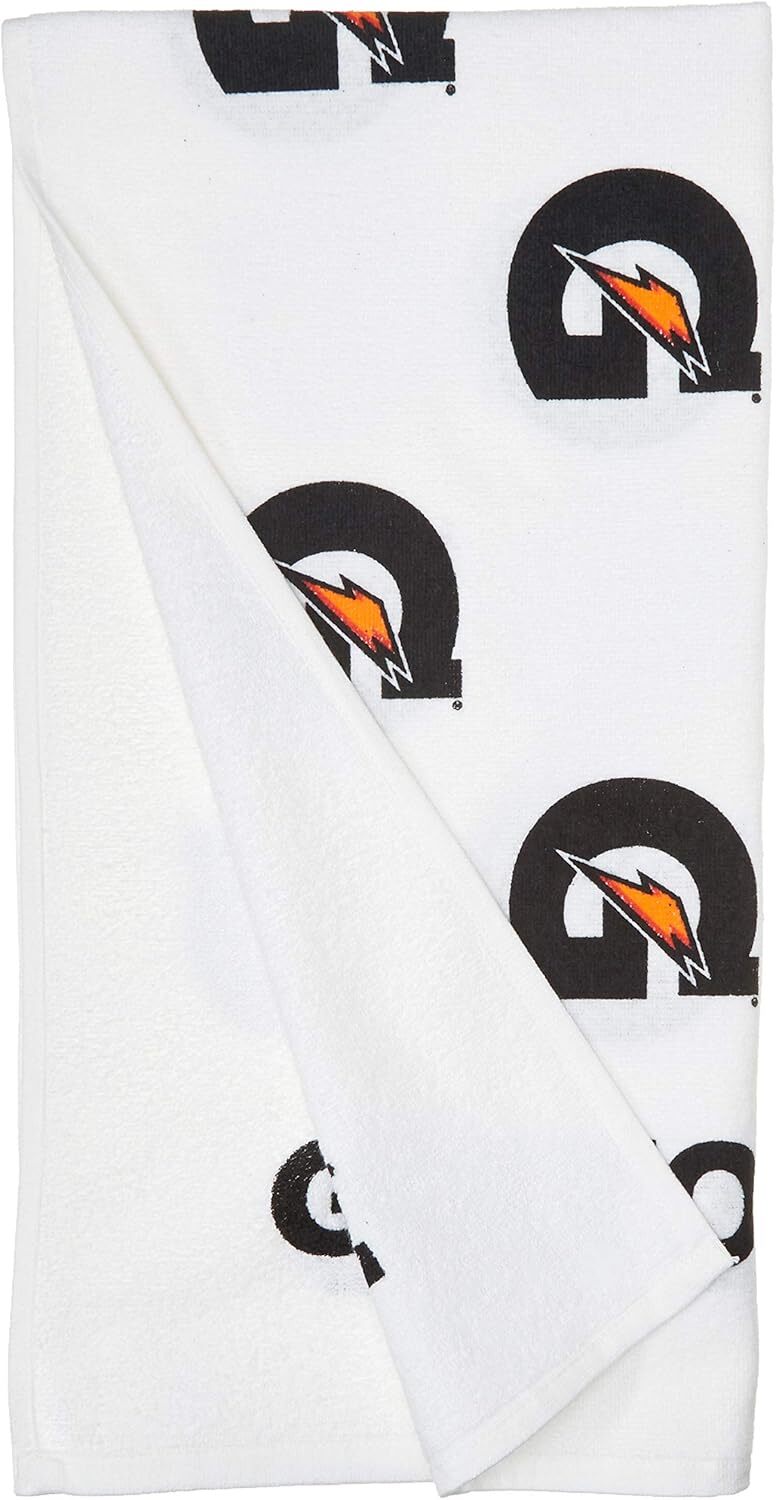 White cotton Gatorade towel with black and orange logo, 22 × 42 inches.